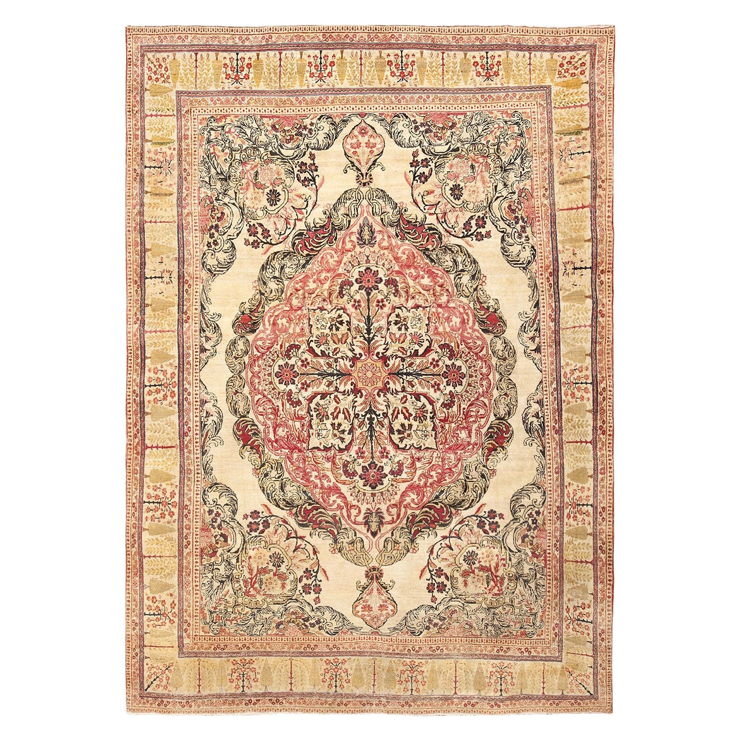 Elaborately designed hand-knotted rug showcasing intricate Persian-inspired motifs and colors.