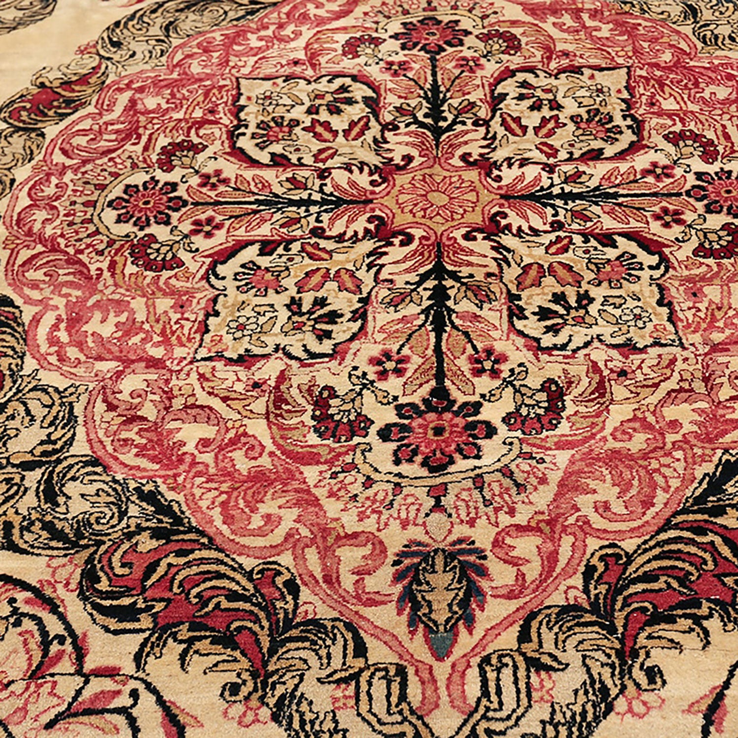 Close-up of a vibrant, intricately patterned traditional oriental rug.