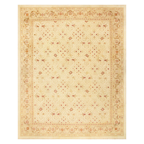 Traditional, ornate rug with detailed floral and geometric patterns.