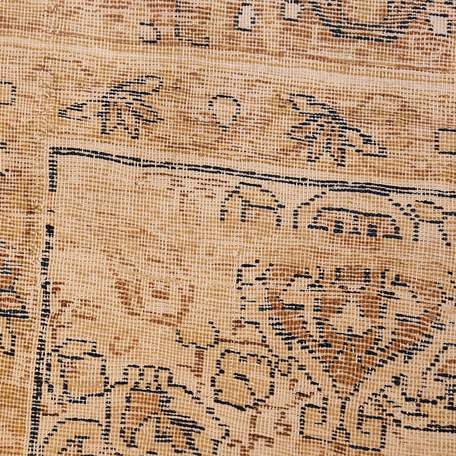 Close-up of intricate woven fabric with plant motifs and borders.