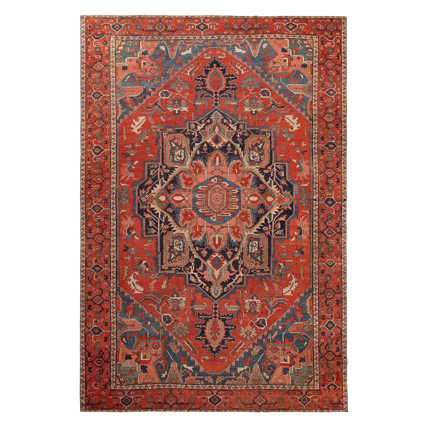 An antique hand-knotted oriental rug with intricate patterns and vibrant colors.