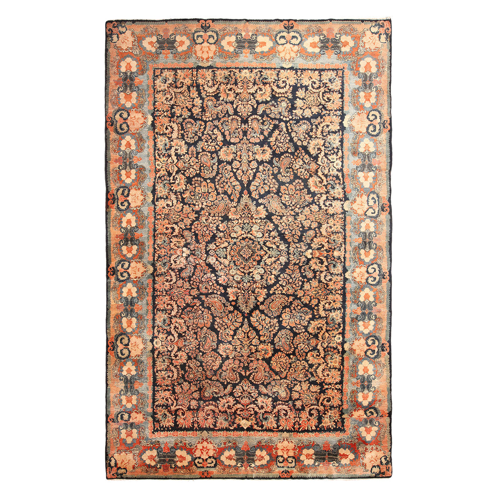 Exquisite handwoven vintage rug with intricate floral motifs and borders.