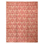 Rectangular area rug with symmetrical, ornate design in red hues.