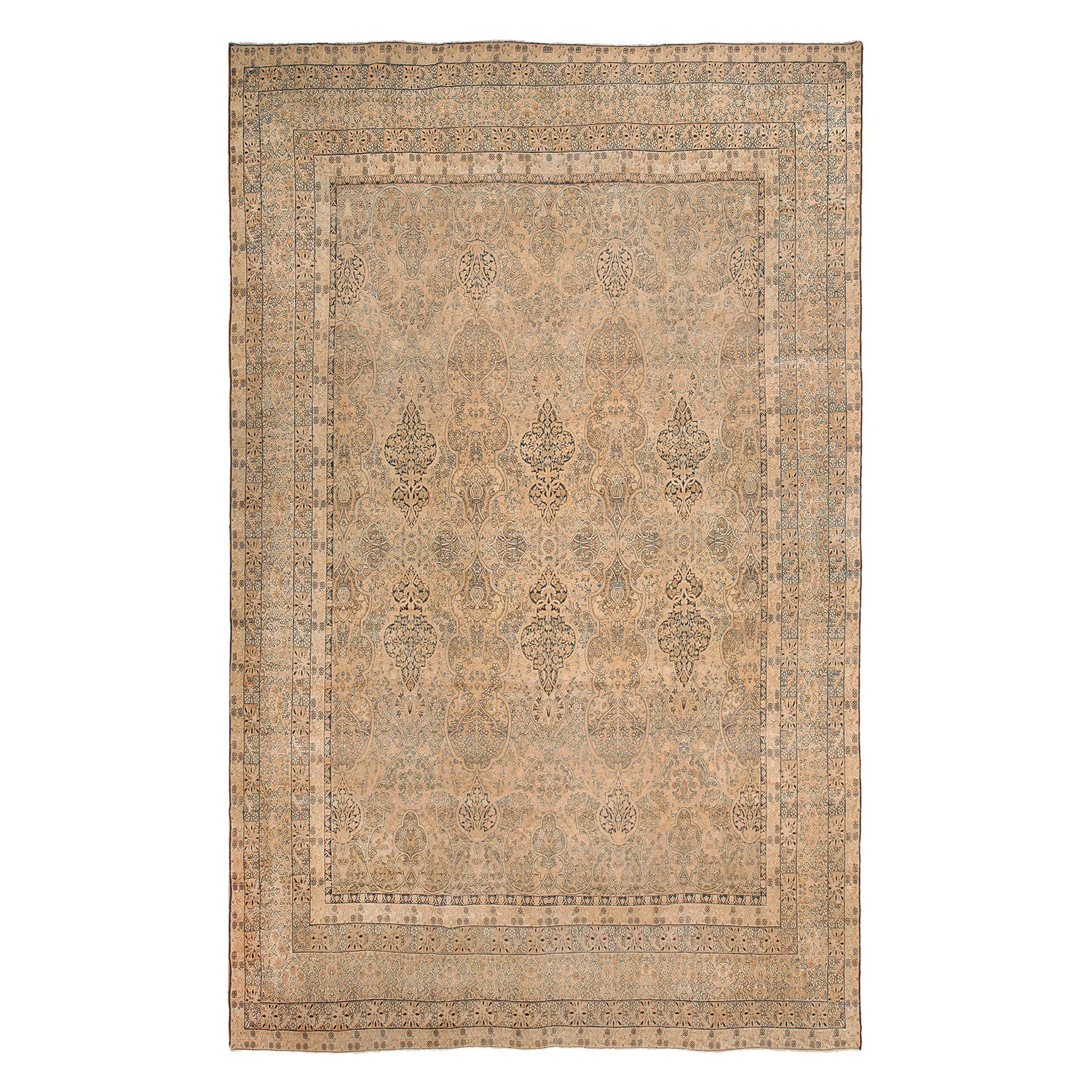 Ornate rectangular area rug with intricate floral and paisley-like pattern