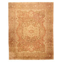 Symmetrical and ornate handmade rug with intricate floral patterns.