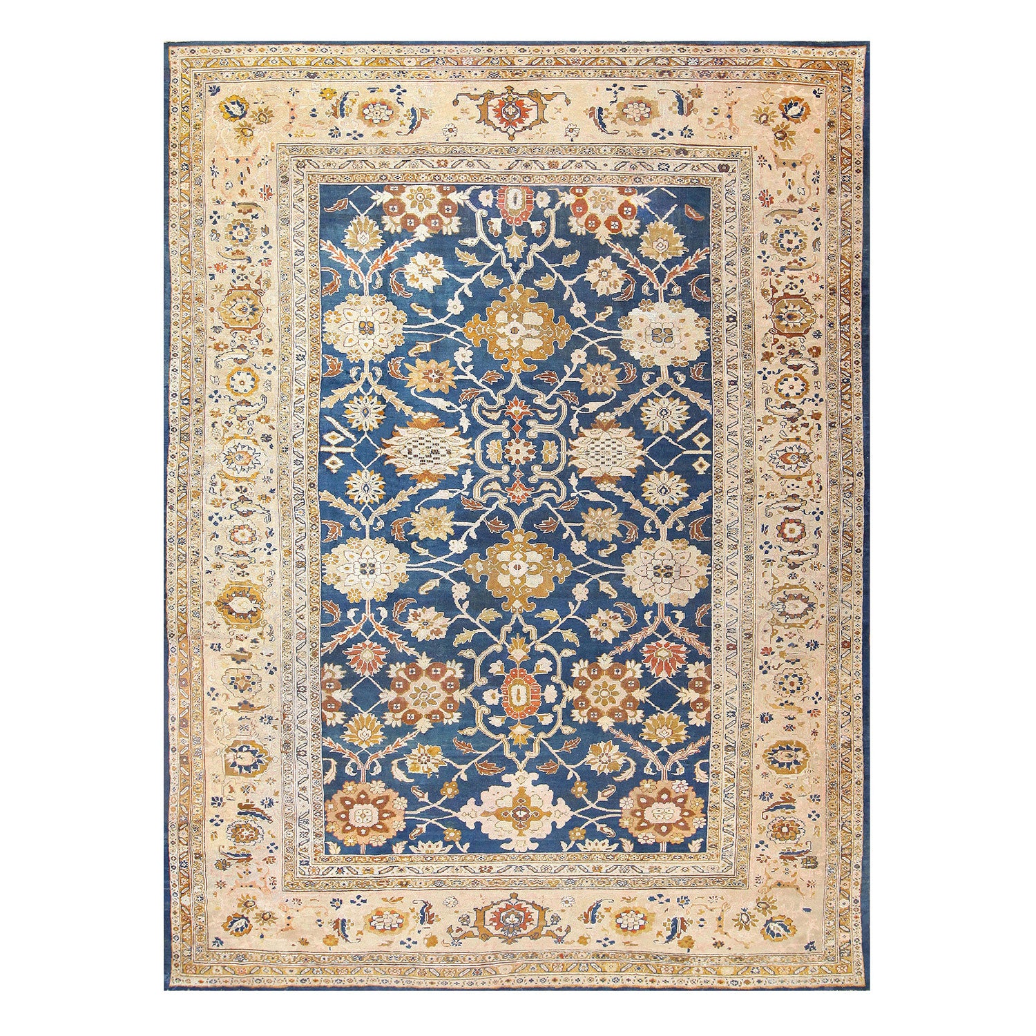 Exquisite handwoven Oriental rug with intricate floral patterns on deep blue