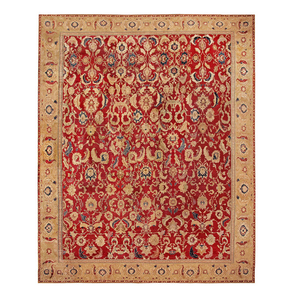 Exquisite hand-knotted Persian rug with intricate floral patterns on red.