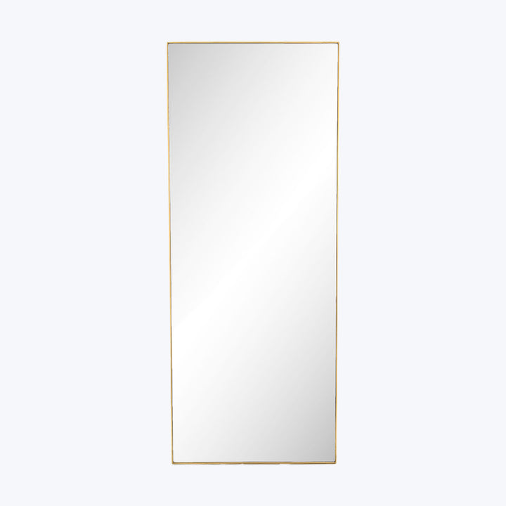Minimalist gold-framed rectangular mirror on white background, vertical orientation.