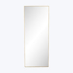 Minimalist gold-framed rectangular mirror on white background, vertical orientation.