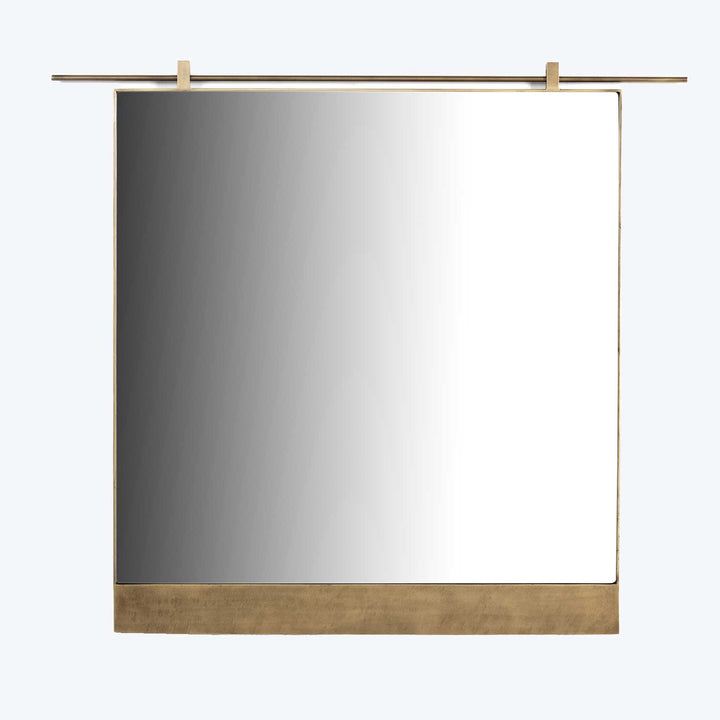 Minimalist rectangular mirror with gradient glass, gold frame, wall mount.