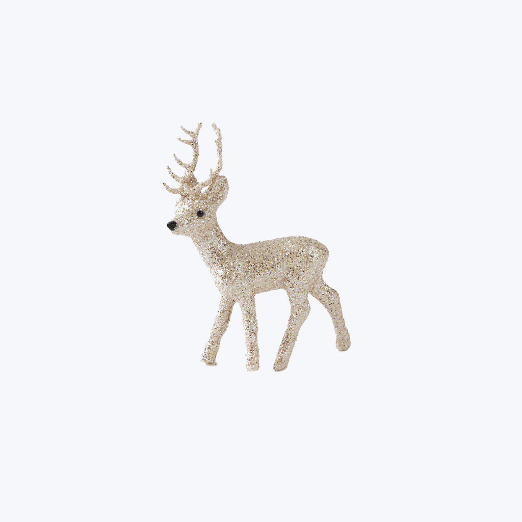 Glittery reindeer figurine for festive holiday decorations, sparkly and ornate.