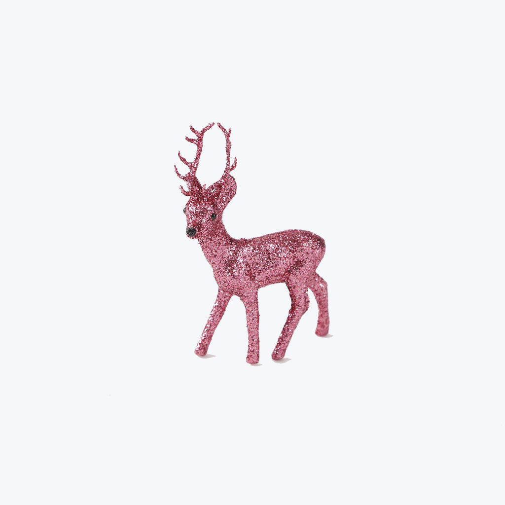 Sparkling pink deer figurine with glitter, standing upright on white.