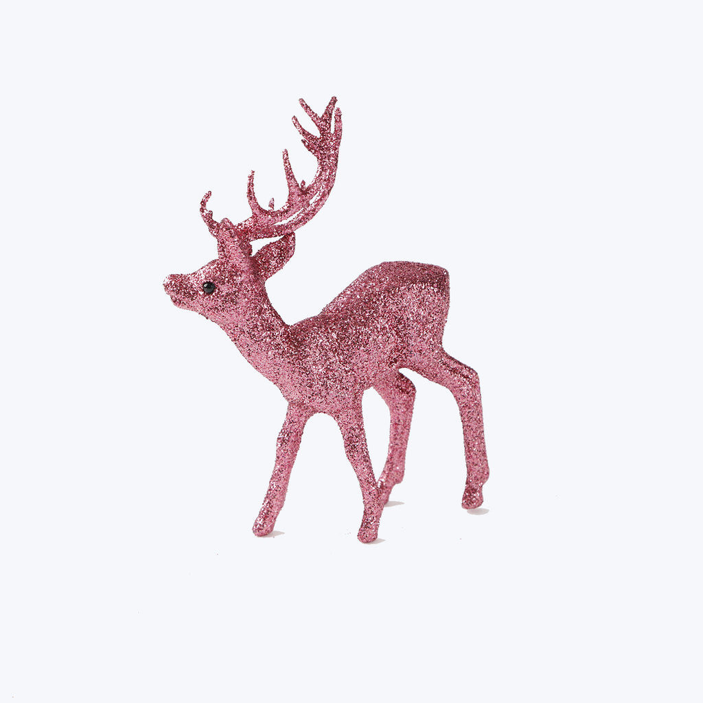 Shimmering pink deer figurine with glitter for festive holiday decor.