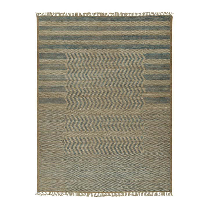 Simple and stylish rectangular area rug with fringe detailing, calming tones.