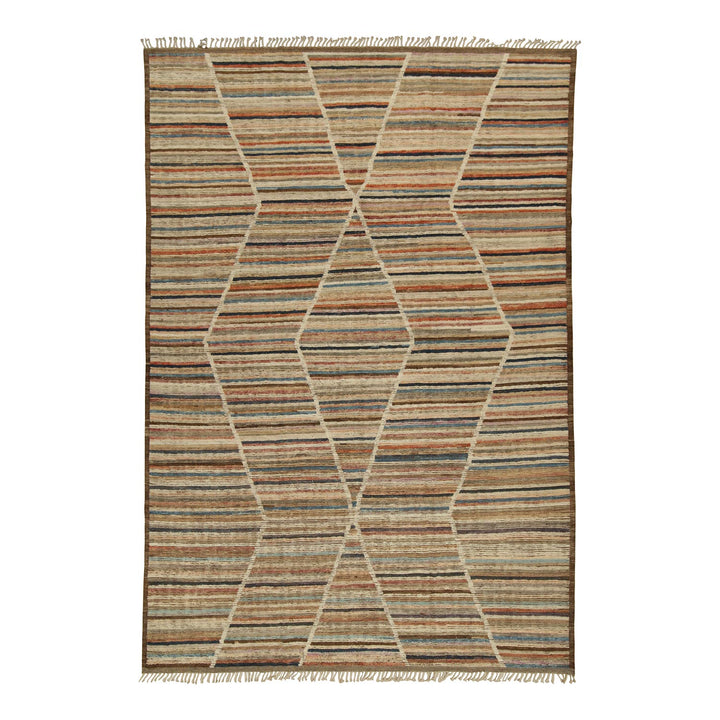 Modern striped rug with geometric diamond pattern and fringe detailing.