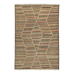 Modern striped rug with geometric diamond pattern and fringe detailing.