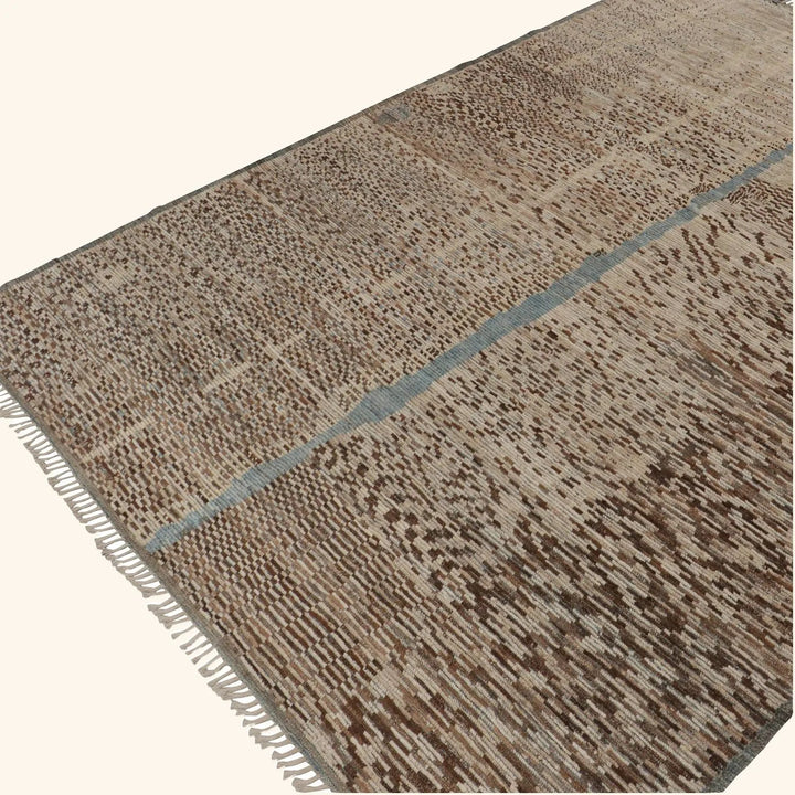 Textured rug with brown and beige tones, blue stripe detail.