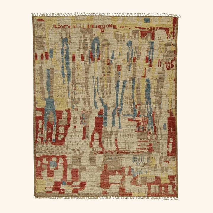 Modern woven rug with abstract design in neutral tones and fringes.