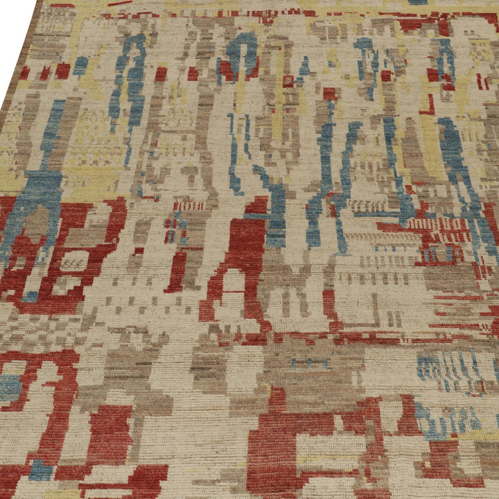 Close-up view of modern abstract rug with vibrant colors.