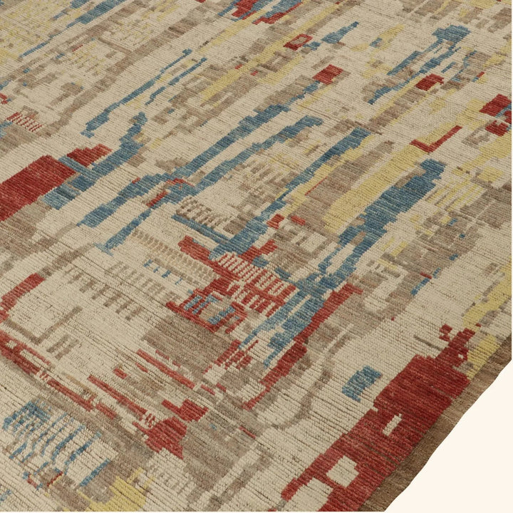 Close-up of abstract geometric patterned rug in vibrant colors