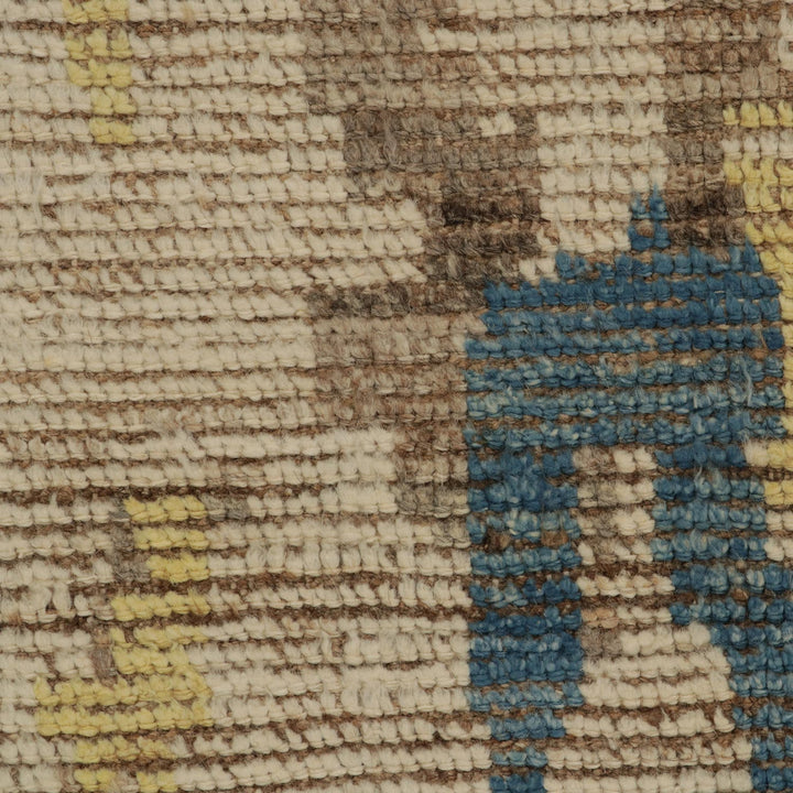 Close-up of handwoven fabric with textured surface and colorful bands.