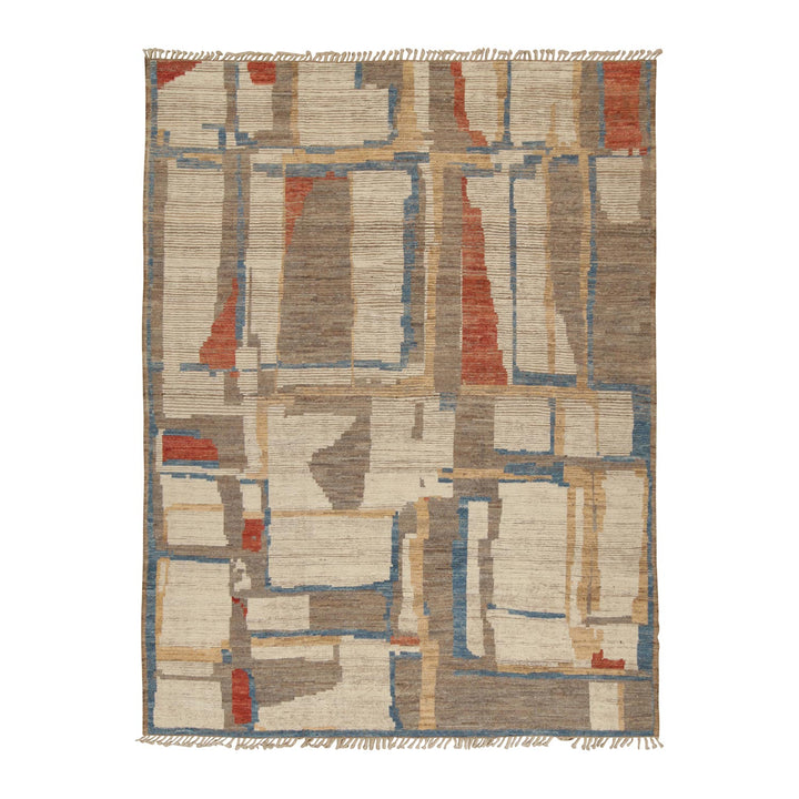 Modern geometric rug with earthy tones and fringe edges.