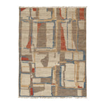 Modern geometric rug with earthy tones and fringe edges.