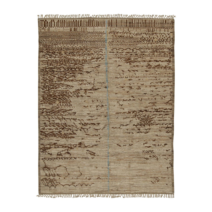 Rectangular rug with fringe, abstract design in sandy beige color.