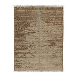 Rectangular rug with fringe, abstract design in sandy beige color.