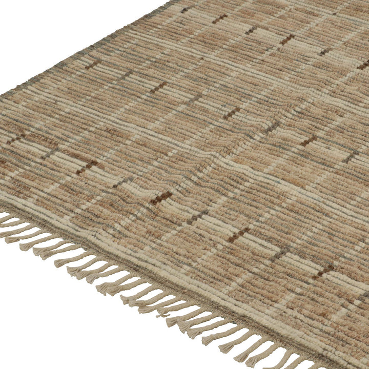 Contemporary striped area rug with neutral colors and geometric design.