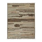Modern rectangular rug with abstract barcode-like design in earth tones.