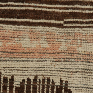 Modern rectangular rug with abstract barcode-like design in earth tones. - hover