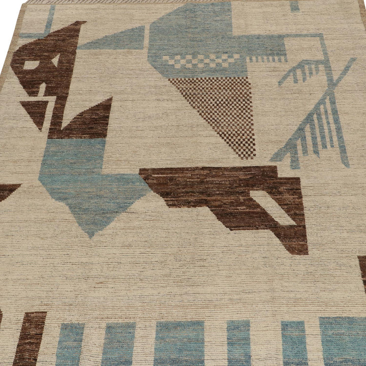 Close-up view of abstract geometric design textile in brown and blue.