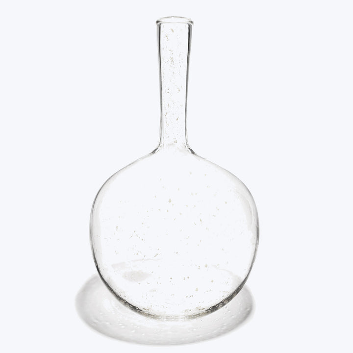 Empty round-bottom flask used in laboratories, with slight imperfections visible.