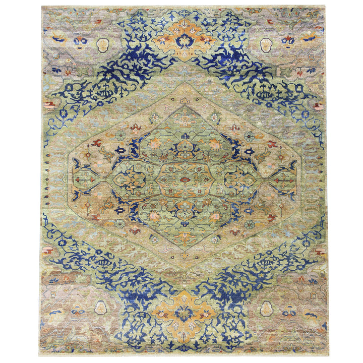Ornate oriental rug with intricate designs in various colors.