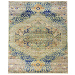 Ornate oriental rug with intricate designs in various colors.