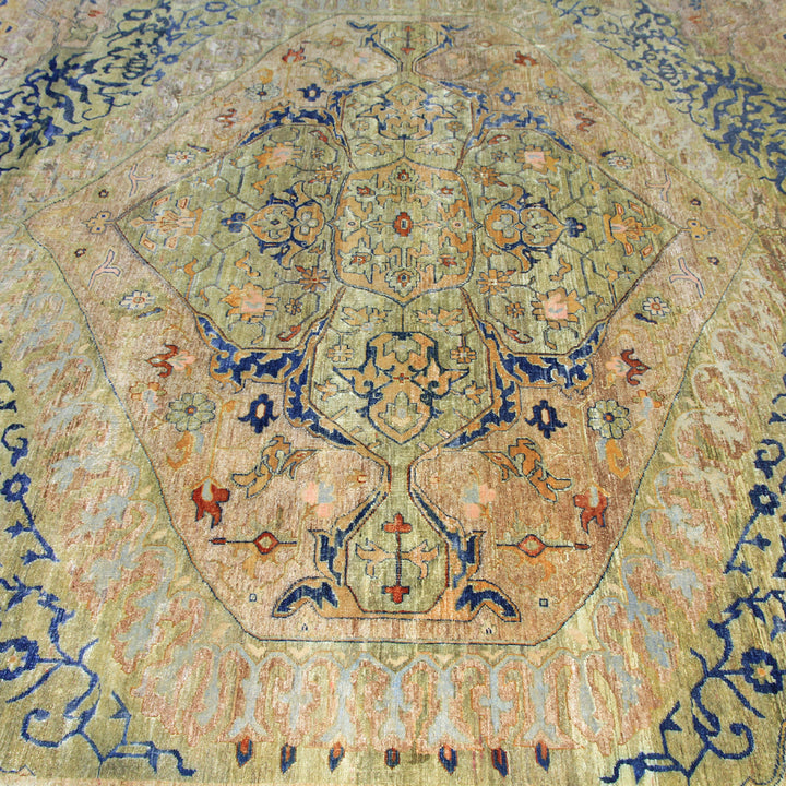 Intricately patterned antique carpet with traditional motifs in vivid colors.