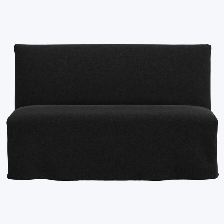 Modern black sofa with plush upholstery and minimalistic design.
