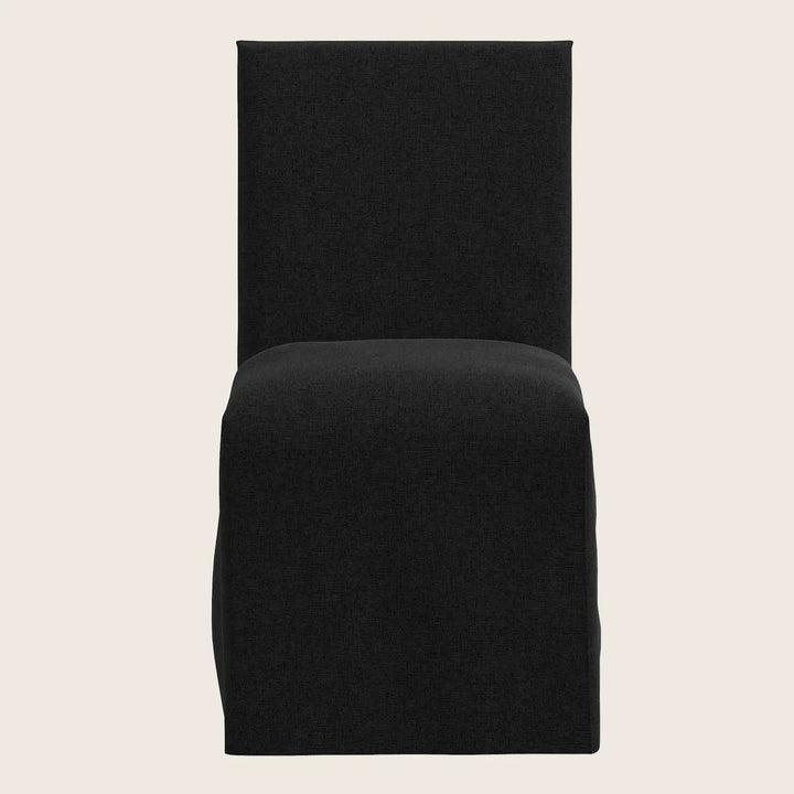 Modern high-back chair with black upholstery and sleek design.