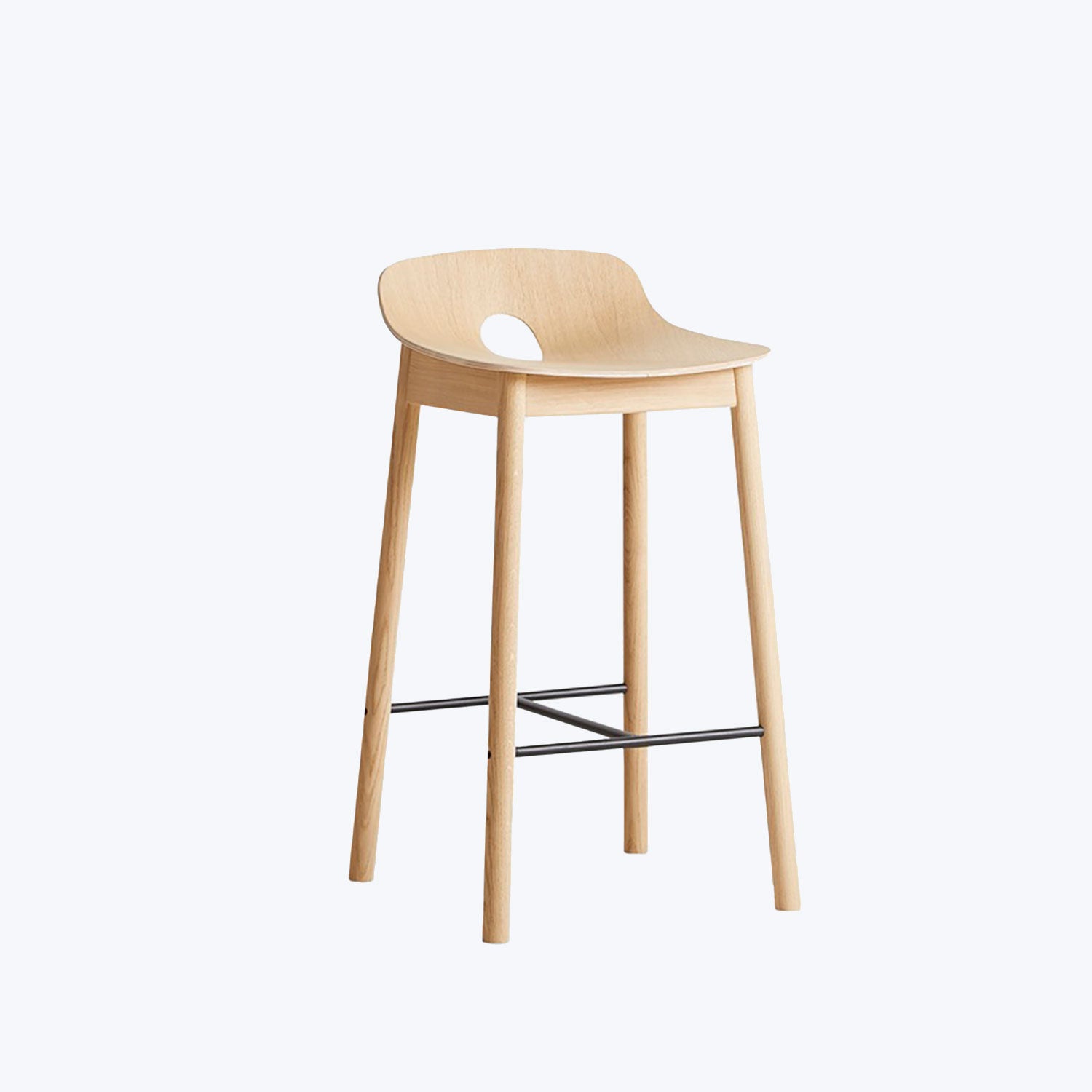 Modern minimalist bar stool with light wood finish and metal footrest.