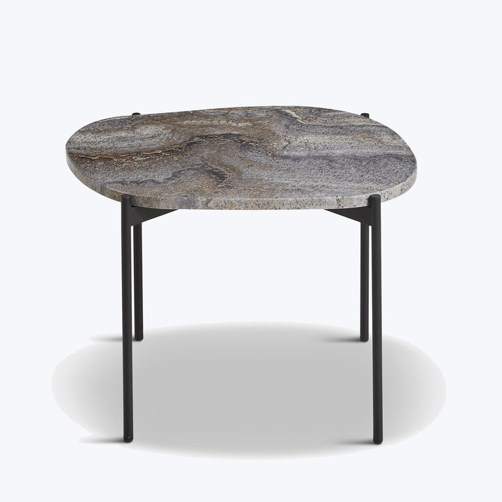 Organic-shaped side table with intricate stone-like pattern, black tripod legs.
