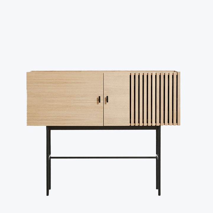 Minimalist light wood sideboard with black metal legs, modern design.