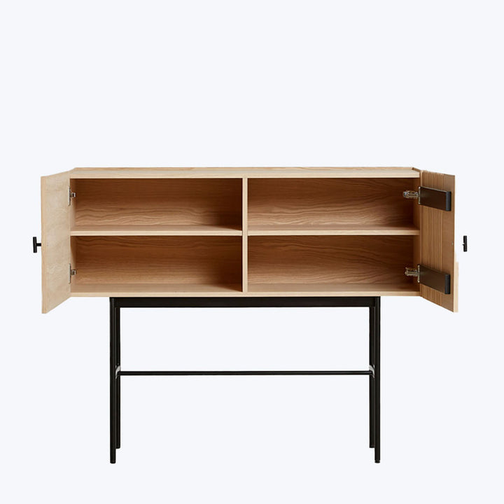 Modern minimalist sideboard with sleek wooden design and metal frame.