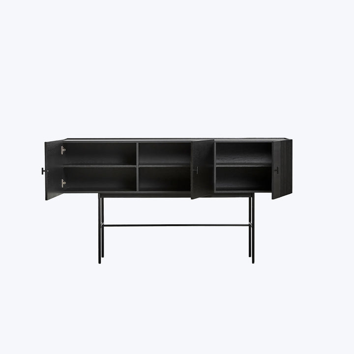 Modern black sideboard with open shelving and ribbed cabinet design.