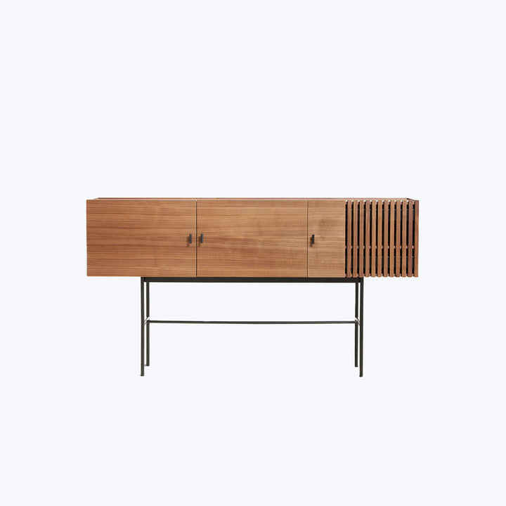 Modern wooden sideboard with minimalist design and metal frame base.