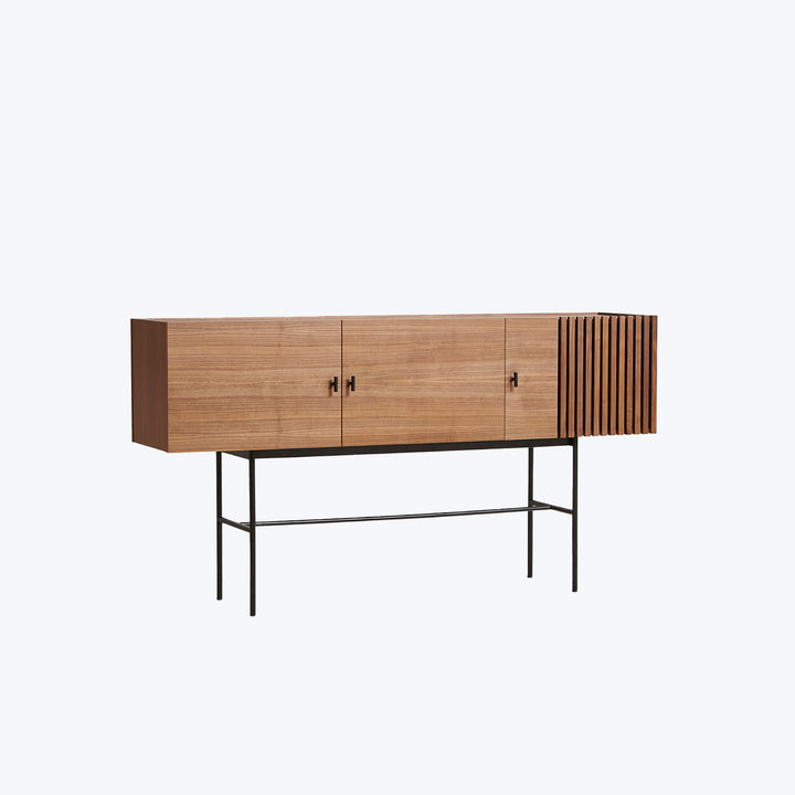 Modern sideboard with minimalist design, wooden finish, and metal frame.