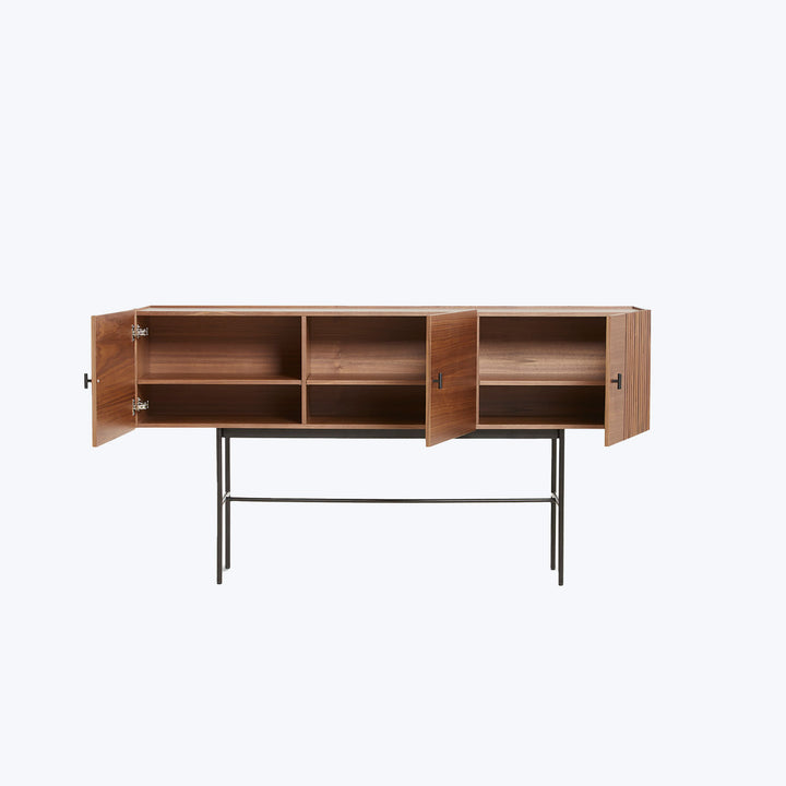 Modern wood sideboard with compartments and metal base, minimalist design.