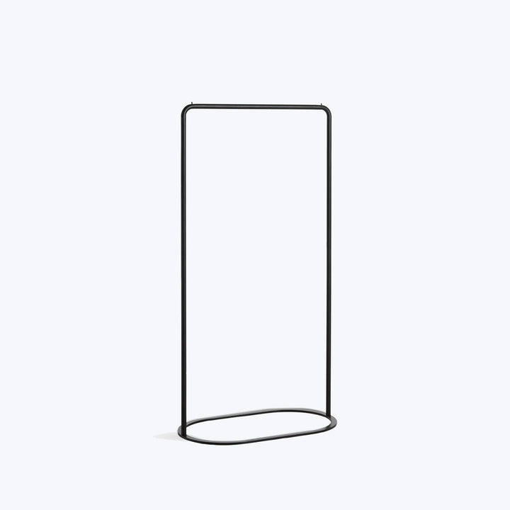 Minimalistic black frame with curved base on white background.