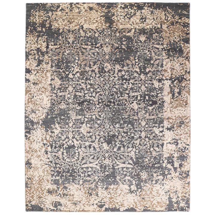 Rectangular area rug with distressed vintage floral and vine design.