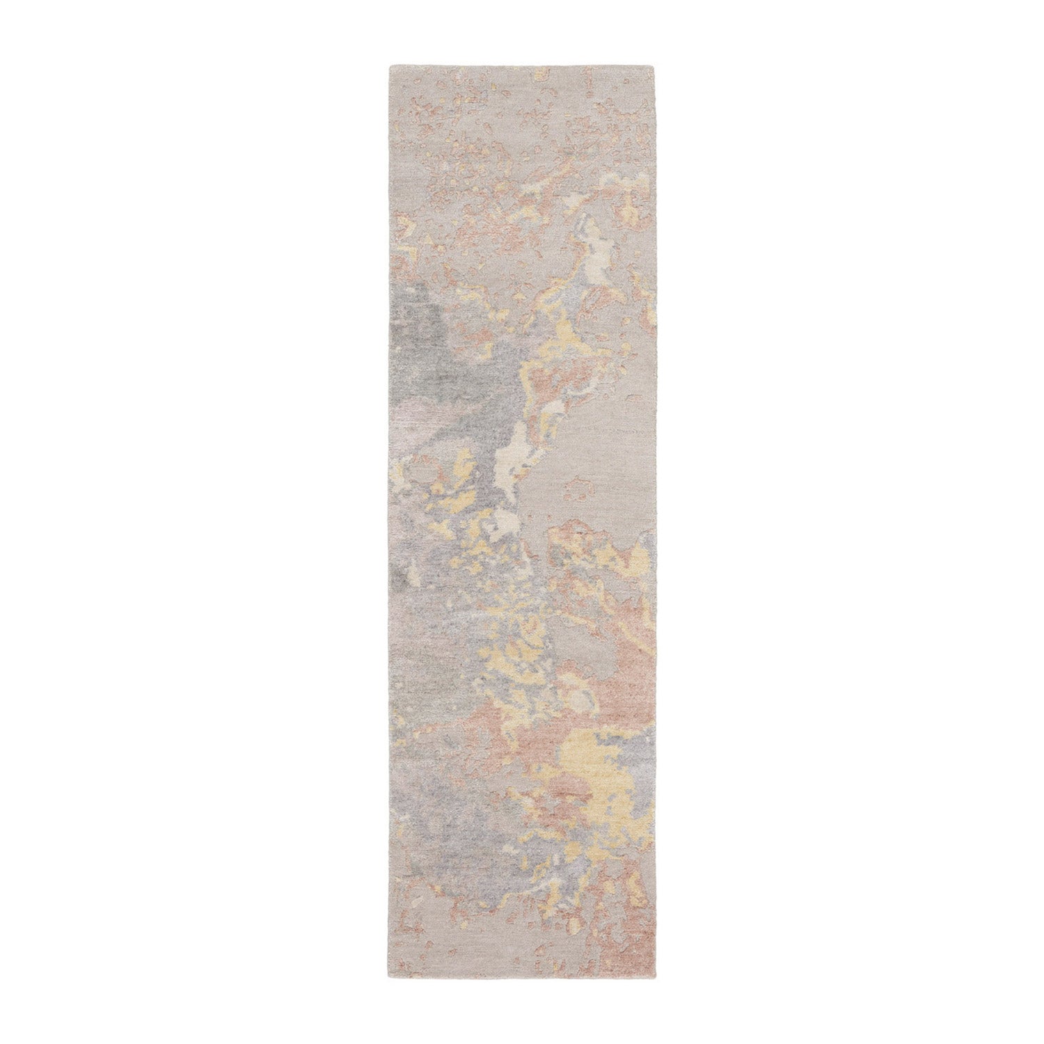 Rectangular runner rug with distressed abstract design in grey tones.